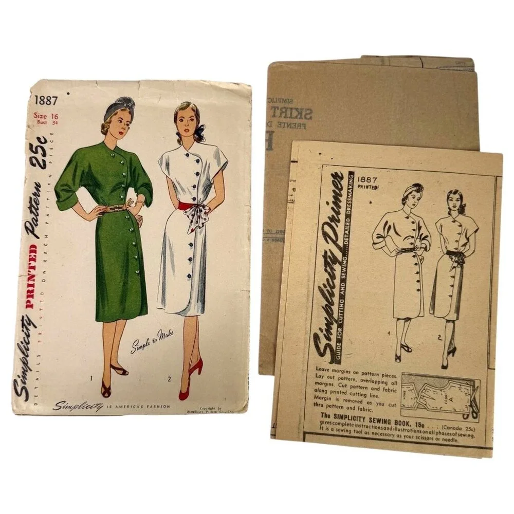 VTG 1946 Simplicity 1887‎ Sewing Pattern Shirtwaist Dress Size 16 Button Front